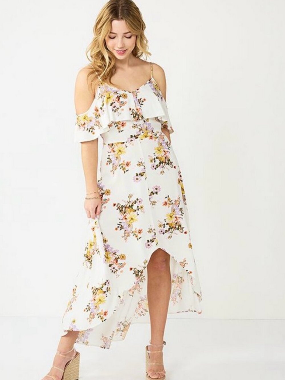 Rewind Floral Cold-Shoulder Hi-Low Summer Dress White Small